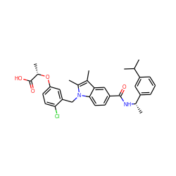 Cc1c(C)n(Cc2cc(O[C@@H](C)C(=O)O)ccc2Cl)c2ccc(C(=O)N[C@@H](C)c3cccc(C(C)C)c3)cc12 ZINC000206006680