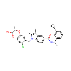 Cc1c(C)n(Cc2cc(O[C@@H](C)C(=O)O)ccc2Cl)c2ccc(C(=O)N[C@@H](C)c3cccc(C4CC4)c3)cc12 ZINC000206010144