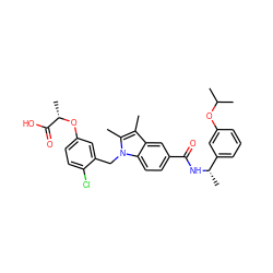 Cc1c(C)n(Cc2cc(O[C@@H](C)C(=O)O)ccc2Cl)c2ccc(C(=O)N[C@@H](C)c3cccc(OC(C)C)c3)cc12 ZINC000205994095