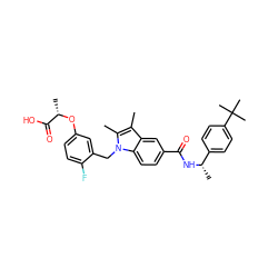 Cc1c(C)n(Cc2cc(O[C@@H](C)C(=O)O)ccc2F)c2ccc(C(=O)N[C@@H](C)c3ccc(C(C)(C)C)cc3)cc12 ZINC000205985167