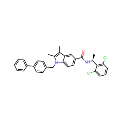 Cc1c(C)n(Cc2ccc(-c3ccccc3)cc2)c2ccc(C(=O)N[C@@H](C)c3c(Cl)cccc3Cl)cc12 ZINC000207186501