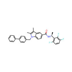 Cc1c(C)n(Cc2ccc(-c3ccccc3)cc2)c2ccc(C(=O)N[C@@H](C)c3c(F)ccc(F)c3F)cc12 ZINC000207190059