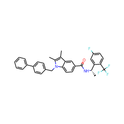 Cc1c(C)n(Cc2ccc(-c3ccccc3)cc2)c2ccc(C(=O)N[C@@H](C)c3cc(F)ccc3C(F)(F)F)cc12 ZINC000207190281