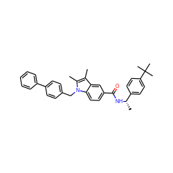 Cc1c(C)n(Cc2ccc(-c3ccccc3)cc2)c2ccc(C(=O)N[C@@H](C)c3ccc(C(C)(C)C)cc3)cc12 ZINC000207185649