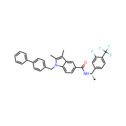 Cc1c(C)n(Cc2ccc(-c3ccccc3)cc2)c2ccc(C(=O)N[C@@H](C)c3ccc(C(F)(F)F)c(F)c3)cc12 ZINC000261193328