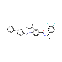 Cc1c(C)n(Cc2ccc(-c3ccccc3)cc2)c2ccc(C(=O)N[C@@H](C)c3ccc(F)c(F)c3)cc12 ZINC000207190013