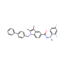 Cc1c(C)n(Cc2ccc(-c3ccccc3)cc2)c2ccc(C(=O)N[C@@H](C)c3ccc(F)cc3F)cc12 ZINC000207187038