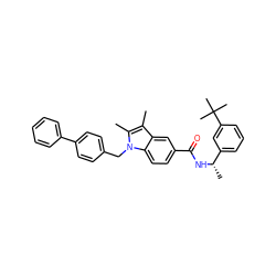 Cc1c(C)n(Cc2ccc(-c3ccccc3)cc2)c2ccc(C(=O)N[C@@H](C)c3cccc(C(C)(C)C)c3)cc12 ZINC000207186248