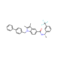 Cc1c(C)n(Cc2ccc(-c3ccccc3)cc2)c2ccc(C(=O)N[C@@H](C)c3cccc(C(F)(F)F)c3)cc12 ZINC000261183787