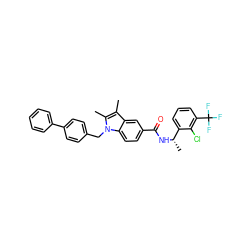 Cc1c(C)n(Cc2ccc(-c3ccccc3)cc2)c2ccc(C(=O)N[C@@H](C)c3cccc(C(F)(F)F)c3Cl)cc12 ZINC000261173939