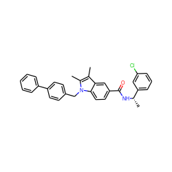 Cc1c(C)n(Cc2ccc(-c3ccccc3)cc2)c2ccc(C(=O)N[C@@H](C)c3cccc(Cl)c3)cc12 ZINC000207188412