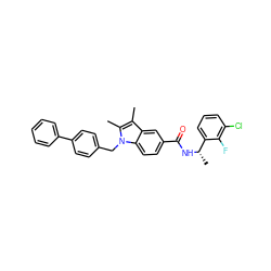 Cc1c(C)n(Cc2ccc(-c3ccccc3)cc2)c2ccc(C(=O)N[C@@H](C)c3cccc(Cl)c3F)cc12 ZINC000207189781