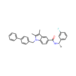 Cc1c(C)n(Cc2ccc(-c3ccccc3)cc2)c2ccc(C(=O)N[C@@H](C)c3cccc(F)c3)cc12 ZINC000207187476