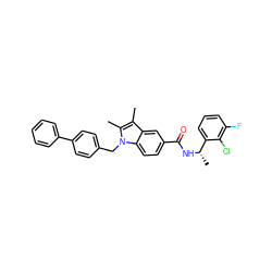 Cc1c(C)n(Cc2ccc(-c3ccccc3)cc2)c2ccc(C(=O)N[C@@H](C)c3cccc(F)c3Cl)cc12 ZINC000207188161