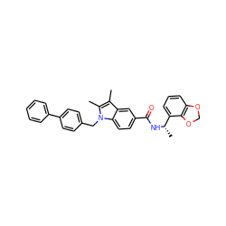 Cc1c(C)n(Cc2ccc(-c3ccccc3)cc2)c2ccc(C(=O)N[C@@H](C)c3cccc4c3OCO4)cc12 ZINC000207186563