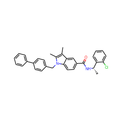 Cc1c(C)n(Cc2ccc(-c3ccccc3)cc2)c2ccc(C(=O)N[C@@H](C)c3ccccc3Cl)cc12 ZINC000207187540