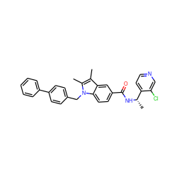 Cc1c(C)n(Cc2ccc(-c3ccccc3)cc2)c2ccc(C(=O)N[C@@H](C)c3ccncc3Cl)cc12 ZINC000207186770