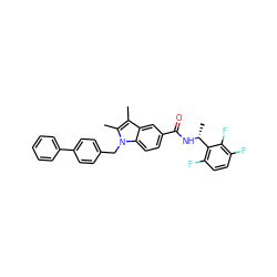 Cc1c(C)n(Cc2ccc(-c3ccccc3)cc2)c2ccc(C(=O)N[C@H](C)c3c(F)ccc(F)c3F)cc12 ZINC000207189895