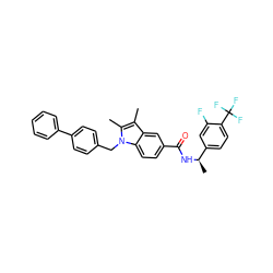 Cc1c(C)n(Cc2ccc(-c3ccccc3)cc2)c2ccc(C(=O)N[C@H](C)c3ccc(C(F)(F)F)c(F)c3)cc12 ZINC000261193329