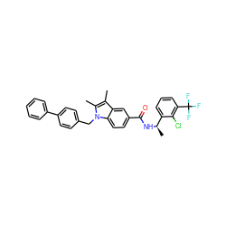 Cc1c(C)n(Cc2ccc(-c3ccccc3)cc2)c2ccc(C(=O)N[C@H](C)c3cccc(C(F)(F)F)c3Cl)cc12 ZINC000261173940