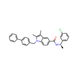 Cc1c(C)n(Cc2ccc(-c3ccccc3)cc2)c2ccc(C(=O)N[C@H](C)c3cccc(Cl)c3)cc12 ZINC000207187597