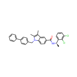 Cc1c(C)n(Cc2ccc(-c3ccccc3)cc2)c2ccc(C(=O)N[C@H](C)c3cccc(Cl)c3Cl)cc12 ZINC000207188294