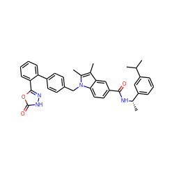 Cc1c(C)n(Cc2ccc(-c3ccccc3-c3n[nH]c(=O)o3)cc2)c2ccc(C(=O)N[C@@H](C)c3cccc(C(C)C)c3)cc12 ZINC000205992081