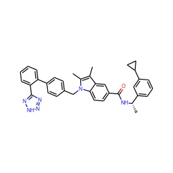 Cc1c(C)n(Cc2ccc(-c3ccccc3-c3nn[nH]n3)cc2)c2ccc(C(=O)N[C@@H](C)c3cccc(C4CC4)c3)cc12 ZINC000198923467