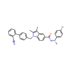 Cc1c(C)n(Cc2ccc(-c3ccccc3C#N)cc2)c2ccc(C(=O)N[C@@H](C)c3ccc(Br)cc3)cc12 ZINC000198398680