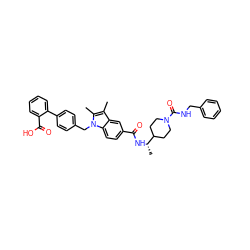 Cc1c(C)n(Cc2ccc(-c3ccccc3C(=O)O)cc2)c2ccc(C(=O)N[C@@H](C)C3CCN(C(=O)NCc4ccccc4)CC3)cc12 ZINC000198907480