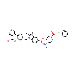 Cc1c(C)n(Cc2ccc(-c3ccccc3C(=O)O)cc2)c2ccc(C(=O)N[C@@H](C)C3CCN(C(=O)OCc4ccccc4)CC3)cc12 ZINC000198907396