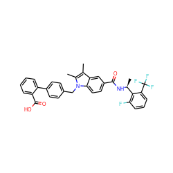 Cc1c(C)n(Cc2ccc(-c3ccccc3C(=O)O)cc2)c2ccc(C(=O)N[C@@H](C)c3c(F)cccc3C(F)(F)F)cc12 ZINC000199475843