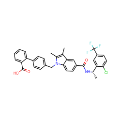 Cc1c(C)n(Cc2ccc(-c3ccccc3C(=O)O)cc2)c2ccc(C(=O)N[C@@H](C)c3cc(C(F)(F)F)ccc3Cl)cc12 ZINC000199475823