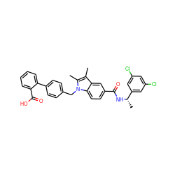 Cc1c(C)n(Cc2ccc(-c3ccccc3C(=O)O)cc2)c2ccc(C(=O)N[C@@H](C)c3cc(Cl)cc(Cl)c3)cc12 ZINC000199476024