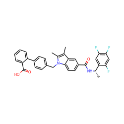 Cc1c(C)n(Cc2ccc(-c3ccccc3C(=O)O)cc2)c2ccc(C(=O)N[C@@H](C)c3cc(F)c(F)cc3F)cc12 ZINC000205973807