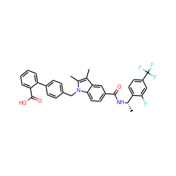 Cc1c(C)n(Cc2ccc(-c3ccccc3C(=O)O)cc2)c2ccc(C(=O)N[C@@H](C)c3ccc(C(F)(F)F)cc3F)cc12 ZINC000199476004