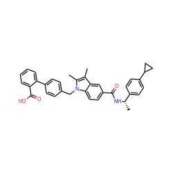 Cc1c(C)n(Cc2ccc(-c3ccccc3C(=O)O)cc2)c2ccc(C(=O)N[C@@H](C)c3ccc(C4CC4)cc3)cc12 ZINC000198852398