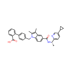 Cc1c(C)n(Cc2ccc(-c3ccccc3C(=O)O)cc2)c2ccc(C(=O)N[C@@H](C)c3ccc(C4CC4)cn3)cc12 ZINC000205982632