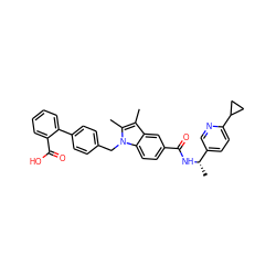 Cc1c(C)n(Cc2ccc(-c3ccccc3C(=O)O)cc2)c2ccc(C(=O)N[C@@H](C)c3ccc(C4CC4)nc3)cc12 ZINC000205987146