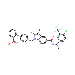 Cc1c(C)n(Cc2ccc(-c3ccccc3C(=O)O)cc2)c2ccc(C(=O)N[C@@H](C)c3ccc(Cl)c(C(F)(F)F)c3)cc12 ZINC000199475885