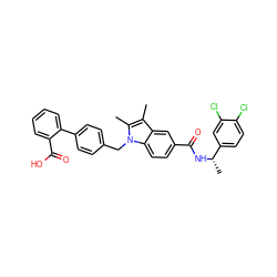 Cc1c(C)n(Cc2ccc(-c3ccccc3C(=O)O)cc2)c2ccc(C(=O)N[C@@H](C)c3ccc(Cl)c(Cl)c3)cc12 ZINC000199475865