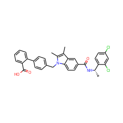 Cc1c(C)n(Cc2ccc(-c3ccccc3C(=O)O)cc2)c2ccc(C(=O)N[C@@H](C)c3ccc(Cl)cc3Cl)cc12 ZINC000199475922