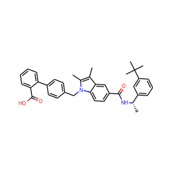 Cc1c(C)n(Cc2ccc(-c3ccccc3C(=O)O)cc2)c2ccc(C(=O)N[C@@H](C)c3cccc(C(C)(C)C)c3)cc12 ZINC000199336063