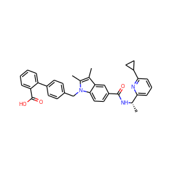 Cc1c(C)n(Cc2ccc(-c3ccccc3C(=O)O)cc2)c2ccc(C(=O)N[C@@H](C)c3cccc(C4CC4)n3)cc12 ZINC000205965873