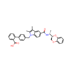 Cc1c(C)n(Cc2ccc(-c3ccccc3C(=O)O)cc2)c2ccc(C(=O)N[C@H](C)[C@@H]3COc4ccccc4O3)cc12 ZINC000205977651