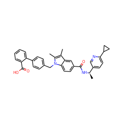 Cc1c(C)n(Cc2ccc(-c3ccccc3C(=O)O)cc2)c2ccc(C(=O)N[C@H](C)c3ccc(C4CC4)nc3)cc12 ZINC000205987059