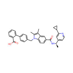 Cc1c(C)n(Cc2ccc(-c3ccccc3C(=O)O)cc2)c2ccc(C(=O)N[C@H](C)c3ccnc(C4CC4)c3)cc12 ZINC000205975601