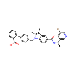 Cc1c(C)n(Cc2ccc(-c3ccccc3C(=O)O)cc2)c2ccc(C(=O)N[C@H](C)c3cncc(Br)c3)cc12 ZINC000205592378