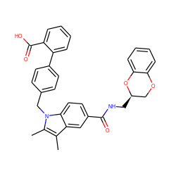 Cc1c(C)n(Cc2ccc(-c3ccccc3C(=O)O)cc2)c2ccc(C(=O)NC[C@@H]3COc4ccccc4O3)cc12 ZINC000205990359