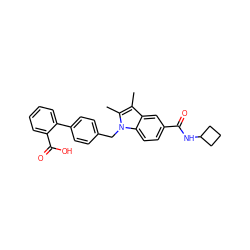 Cc1c(C)n(Cc2ccc(-c3ccccc3C(=O)O)cc2)c2ccc(C(=O)NC3CCC3)cc12 ZINC000205978195